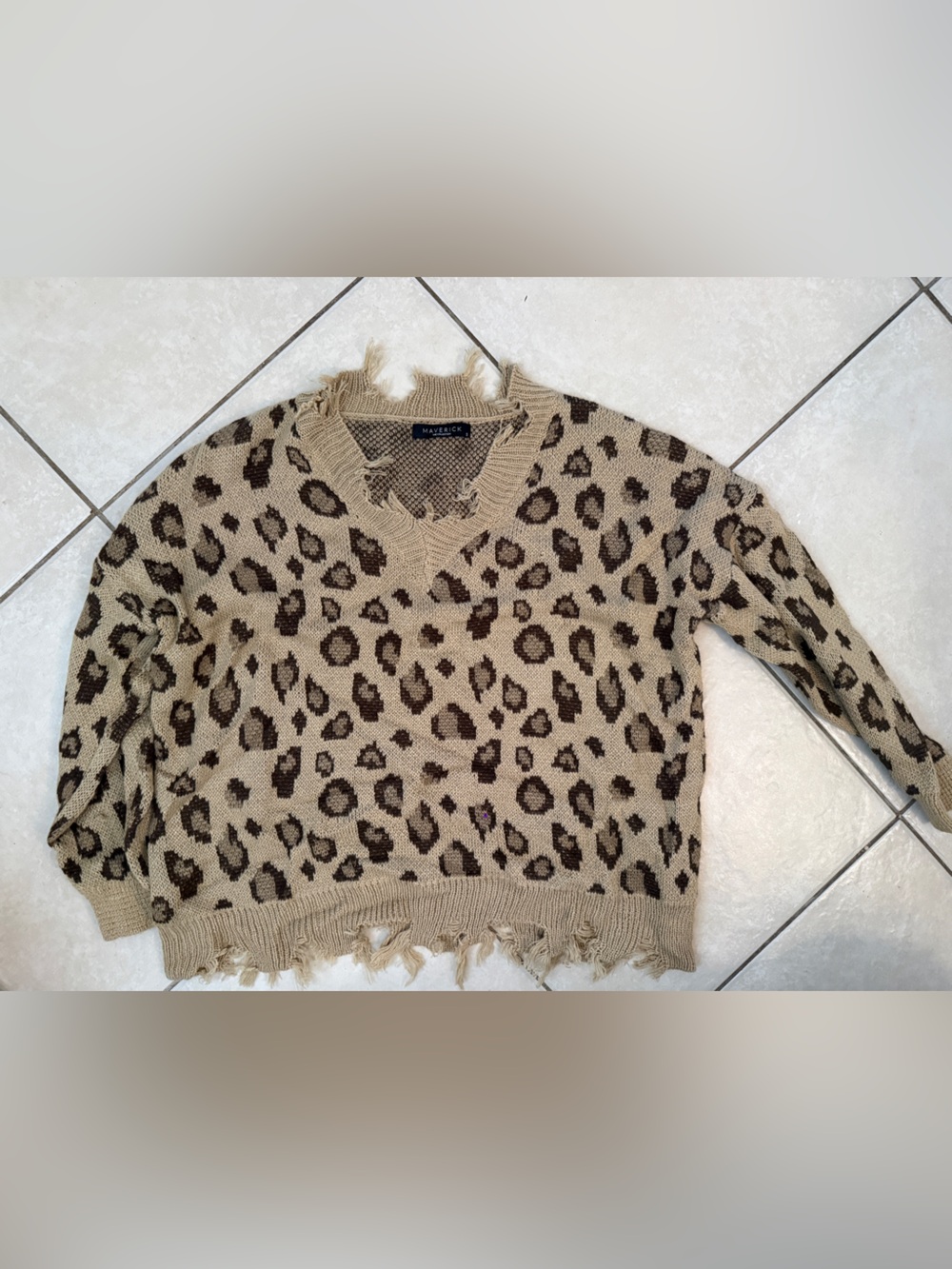 Distressed Leopard V-Neck Sweater in Beige and Brown